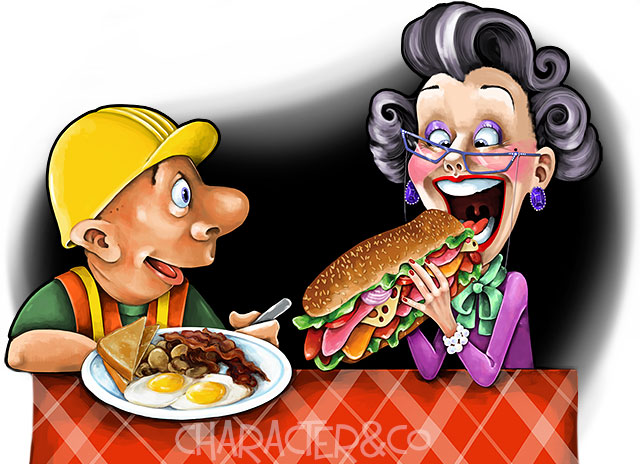 Funny Construction Worker and Woman eating lunch