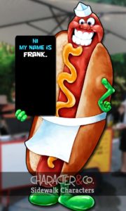Happy lifesize hotdog sidewalk character