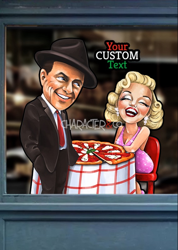 Custom Window Graphics pizzeria italian restaurant design Frank Sinatra Marilyn Monroe Character Co