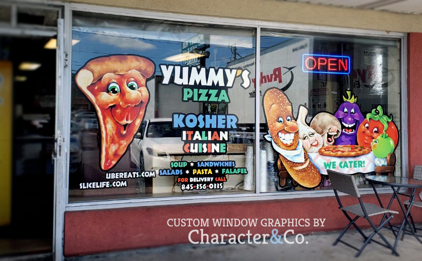Custom Window Graphics Yummys Pizza NY cute Italian food_attract customers to business