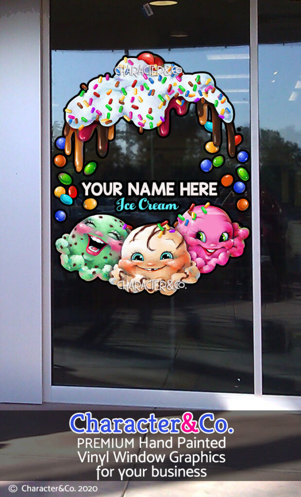 Unique Ice Cream shop storefront hand painted vinyl window graphics by Character&Co.