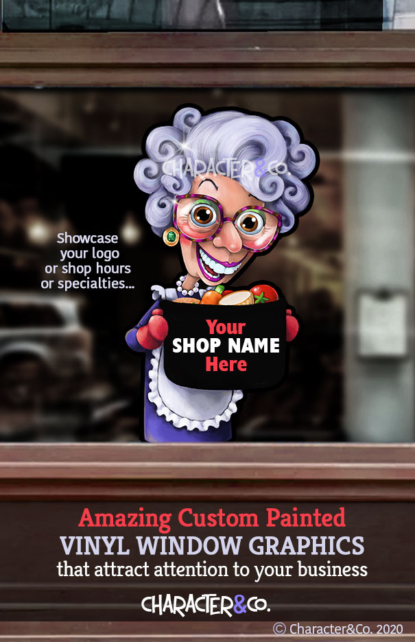 Storefront window art. Funny Jewish Grandmother perfect for Jewish Deli or Bagel Shop