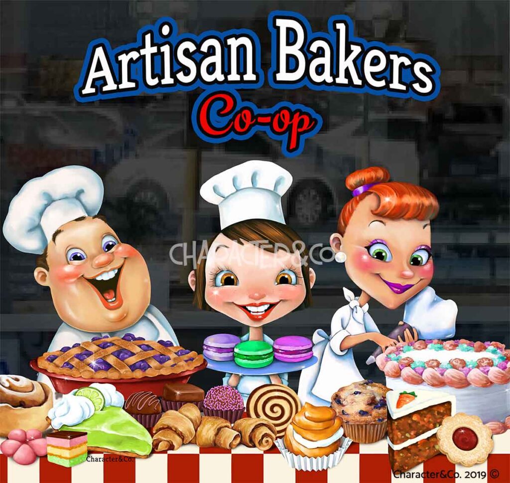 Storefront Hand painted Vinyl Window Graphics for Bakery with Cute Chefs by Character & Company