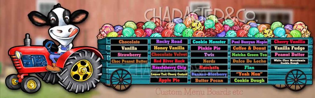 Cute Ice Cream Flavors Menu Board Farmer Cow Character Co