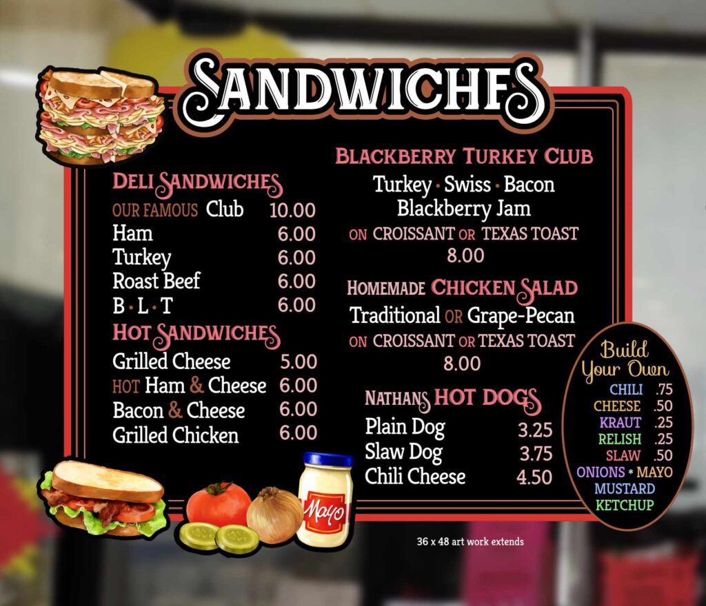 Custom Menu Board for Sandwich Shop
