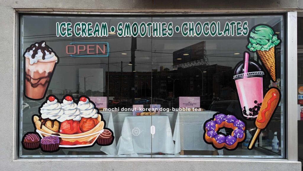 Custom painted window graphics for Mochi Donut / Ice Cream shop