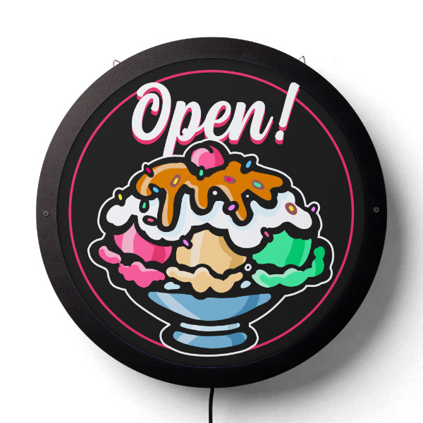 Bright colorful ice cream sundae shop lighted sign