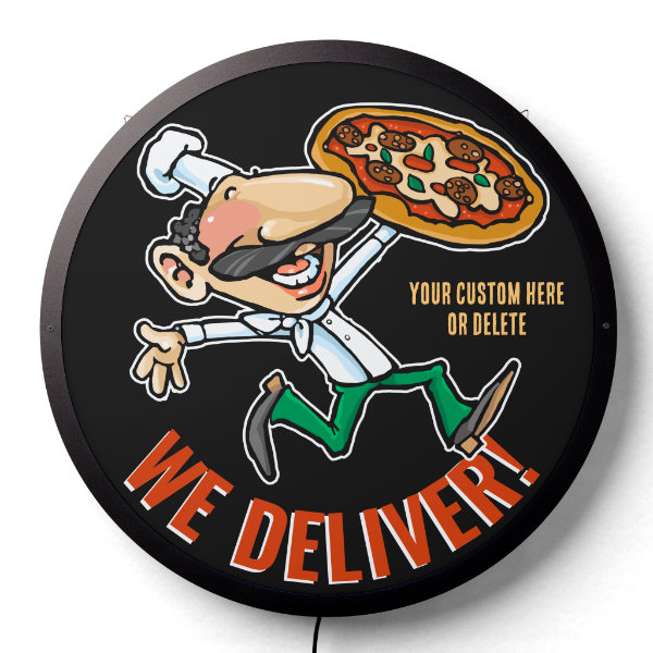 Happy Italian Chef running with pizza. Customizable text.