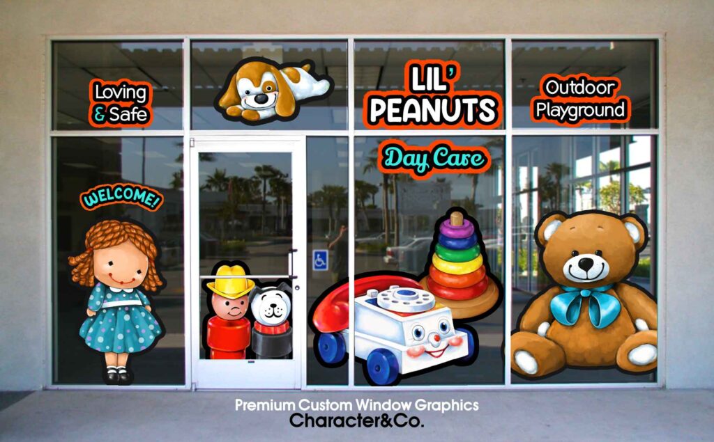 Cute window graphic for daycare business storefront