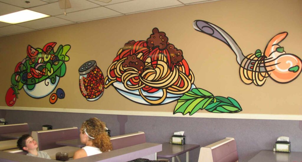 Colorful, fresh wall graphics in an Italian restaurant