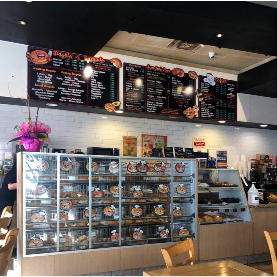Custom menu boards and bagel case markers for 5th Avenue Bagels in CA