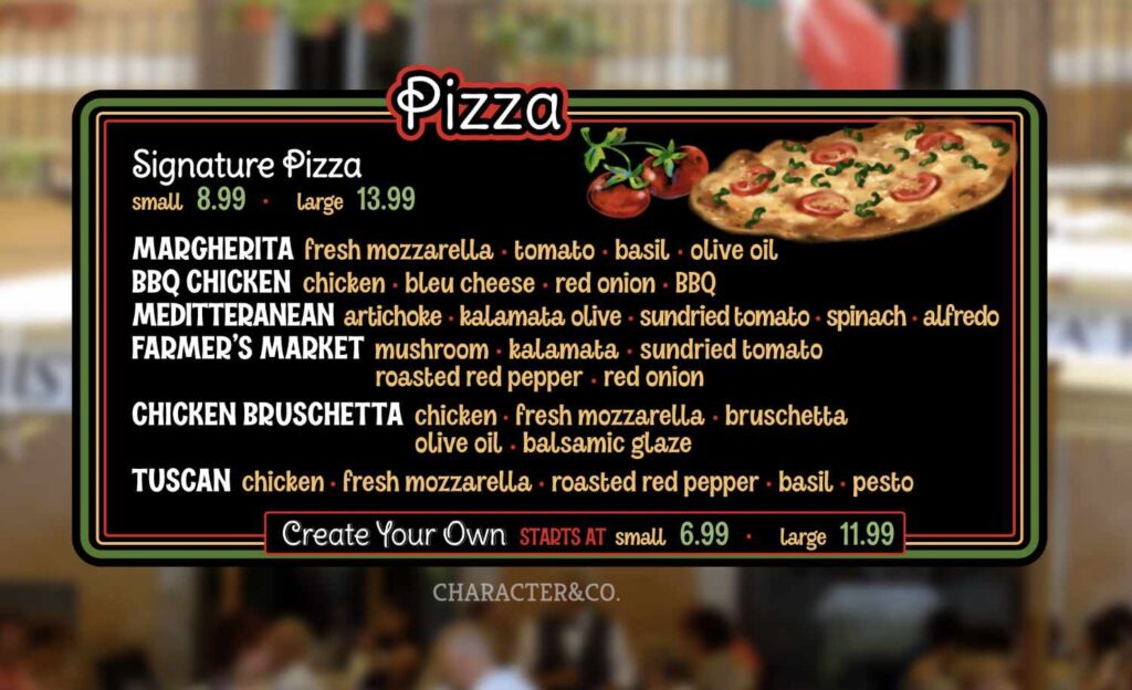 Easy to read and beautiful pizzeria menu board by Character & Co.