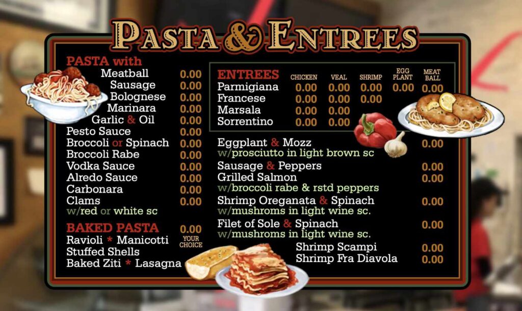 Pasta and Entree menu board for Italian Pizzeria