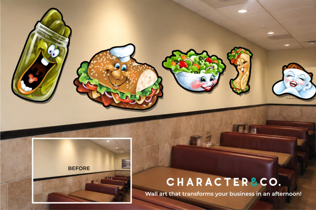Large cut out food art with fun faces that transformed this deli. Includes pickles, sub, salad, wrap, and Marilyn Monroe coffee