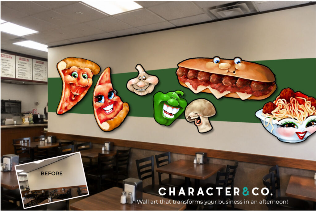Custom cut out and mounted, vinyl wall art with fun, cartoon pizza slices, garlic, pepper, mushroom and meatball sandwich on a restaurant wall by Character & Co
