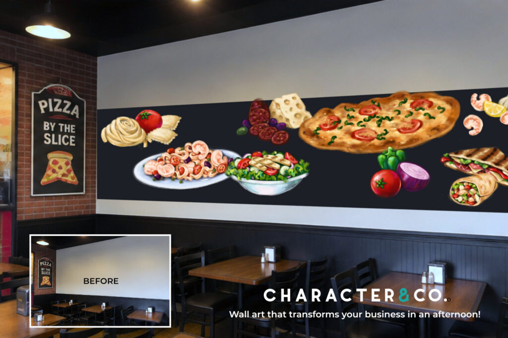 Big, bold painted Italian food art transforming a pizzeria. Movable and cleanable