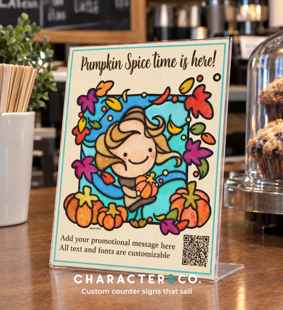 Celebrate pumpkin spice season with this adorable customizable tabletop sign. A cheerful cartoon girl holds a pumpkin while colorful autumn leaves swirl around her, creating a warm and inviting fall look that customers love. Perfect for coffee shops, cafes, bakeries, and restaurants promoting pumpkin spice lattes, seasonal specials, or fall menus. All text, fonts, and the promotional message can be easily changed to fit your business. Add a QR code for extra convenience. This eye-catching counter display helps drive seasonal sales while adding charm to any table or counter.