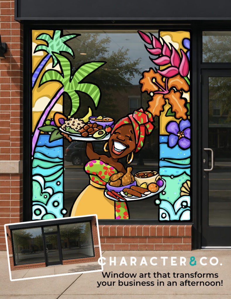 Colorful custom vinyl window graphics on a Caribbean restaurant storefront showing a smiling woman serving food, palm trees, ocean waves, and tropical flowers, with a before-and-after inset of the plain windows.