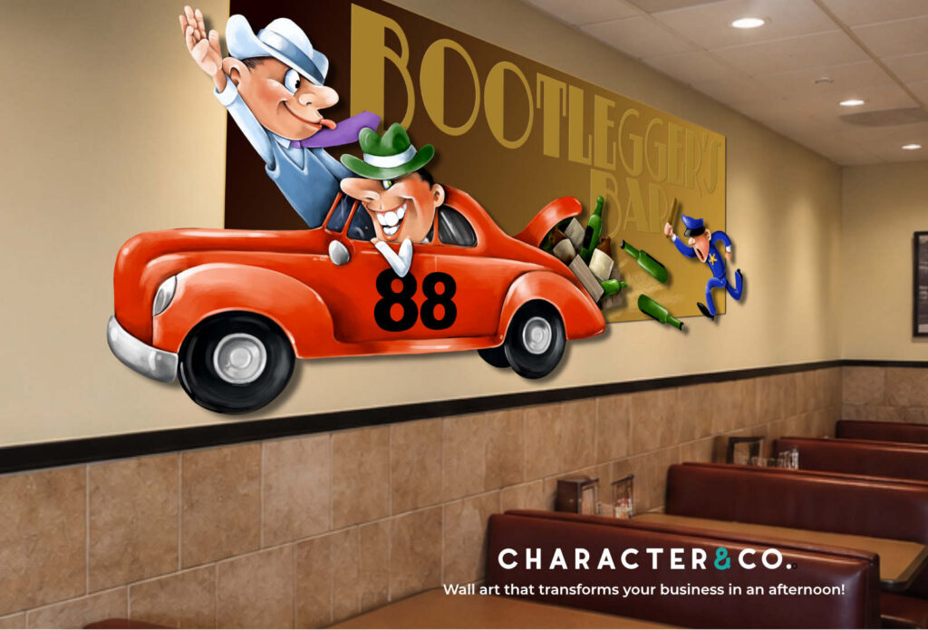 Custom 3D restaurant wall art by Character & Co. showing cartoon bootleggers in a red 88 getaway car bursting off a Bootlegger’s Bar mural, with bottles flying and a policeman in pursuit.