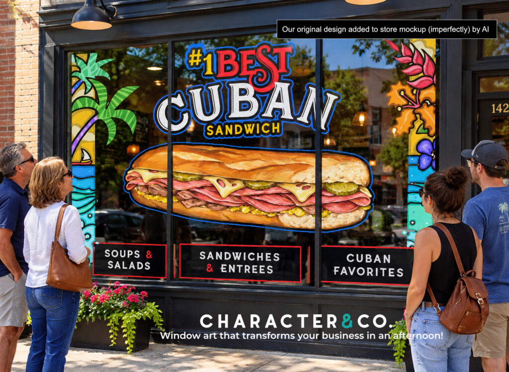 Customers admiring colorful storefront window featuring delicious Cuban Sandwich and Tropical themed artwork on Cuban Restaurant