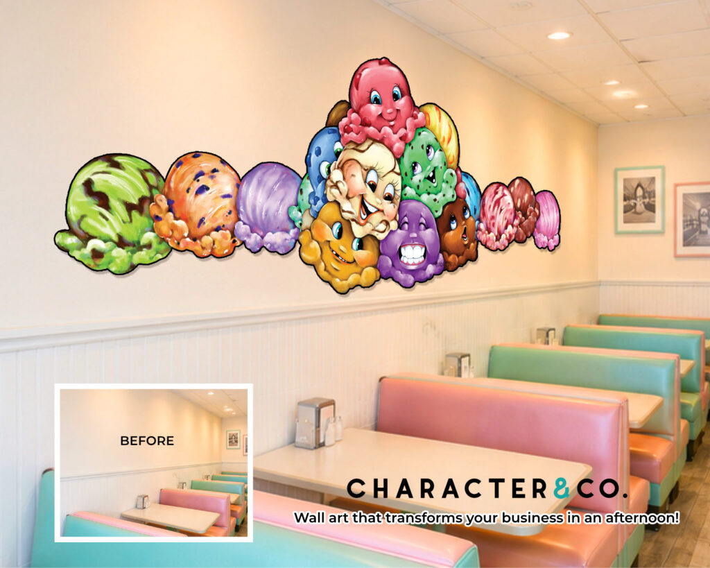 Large adorable ice cream characters transform an ice cream business in an hour!